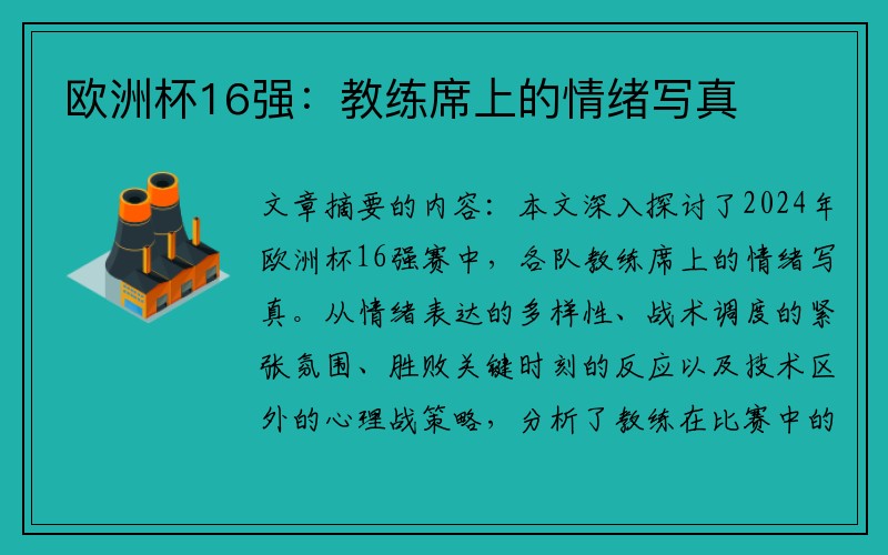 欧洲杯16强：教练席上的情绪写真