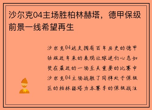 沙尔克04主场胜柏林赫塔，德甲保级前景一线希望再生