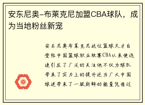 安东尼奥-布莱克尼加盟CBA球队，成为当地粉丝新宠
