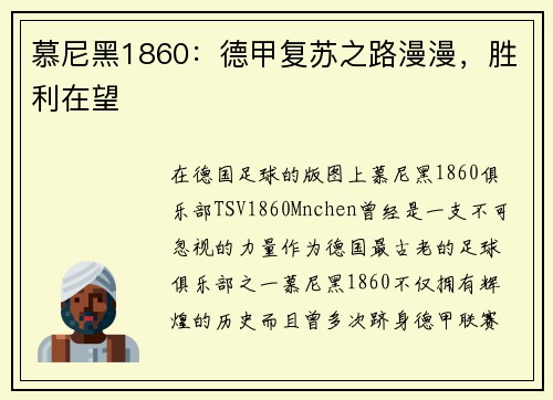 慕尼黑1860：德甲复苏之路漫漫，胜利在望