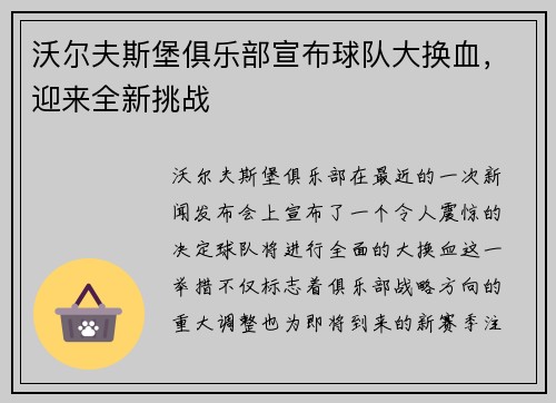 沃尔夫斯堡俱乐部宣布球队大换血，迎来全新挑战