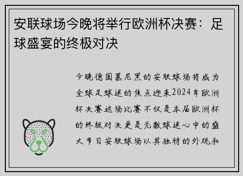 安联球场今晚将举行欧洲杯决赛：足球盛宴的终极对决